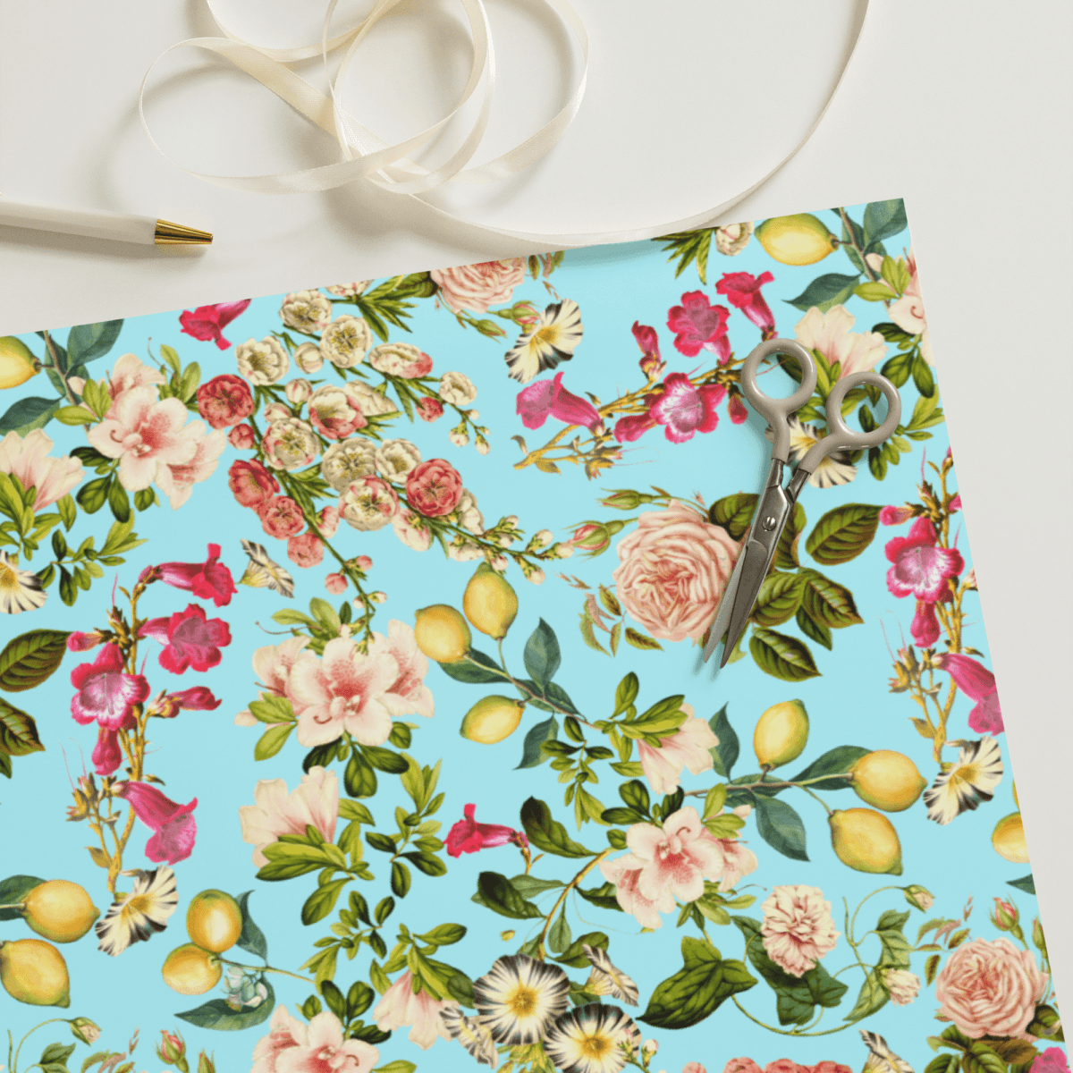 "Citrona" Lemons & Rose Flowers Print Wrapping Paper - Polychrome Goods 🍊