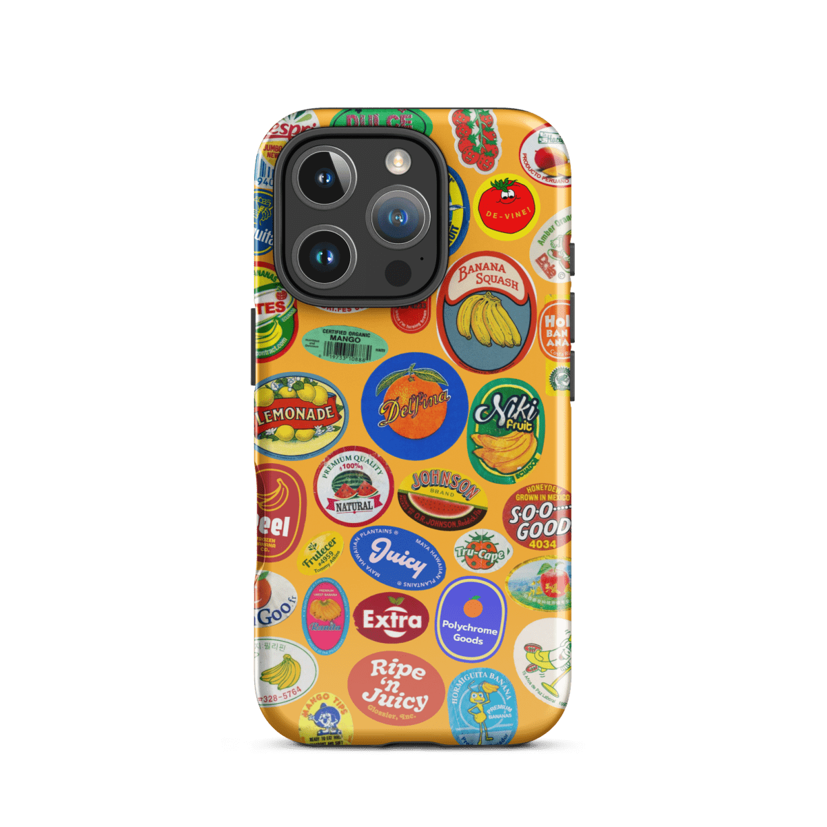 Fruit Stickers 🍊🍒🍋🍍🍏 Phone Case for iPhone (Orange Background) - Polychrome Goods 🍊