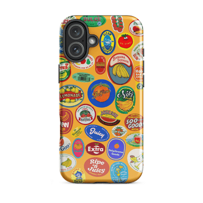 Fruit Stickers 🍊🍒🍋🍍🍏 Phone Case for iPhone (Orange Background) - Polychrome Goods 🍊