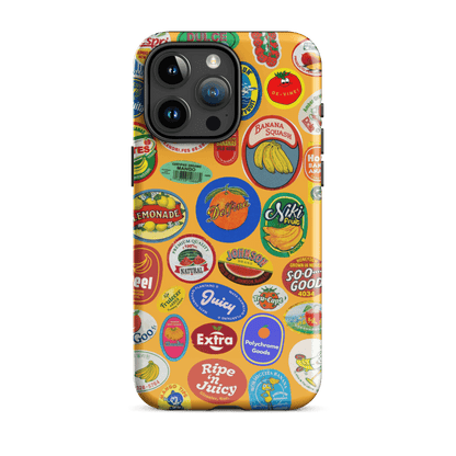 Fruit Stickers 🍊🍒🍋🍍🍏 Phone Case for iPhone (Orange Background) - Polychrome Goods 🍊