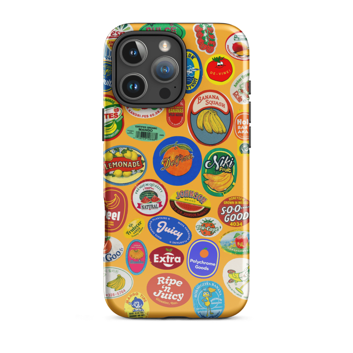 Fruit Stickers 🍊🍒🍋🍍🍏 Phone Case for iPhone (Orange Background) - Polychrome Goods 🍊