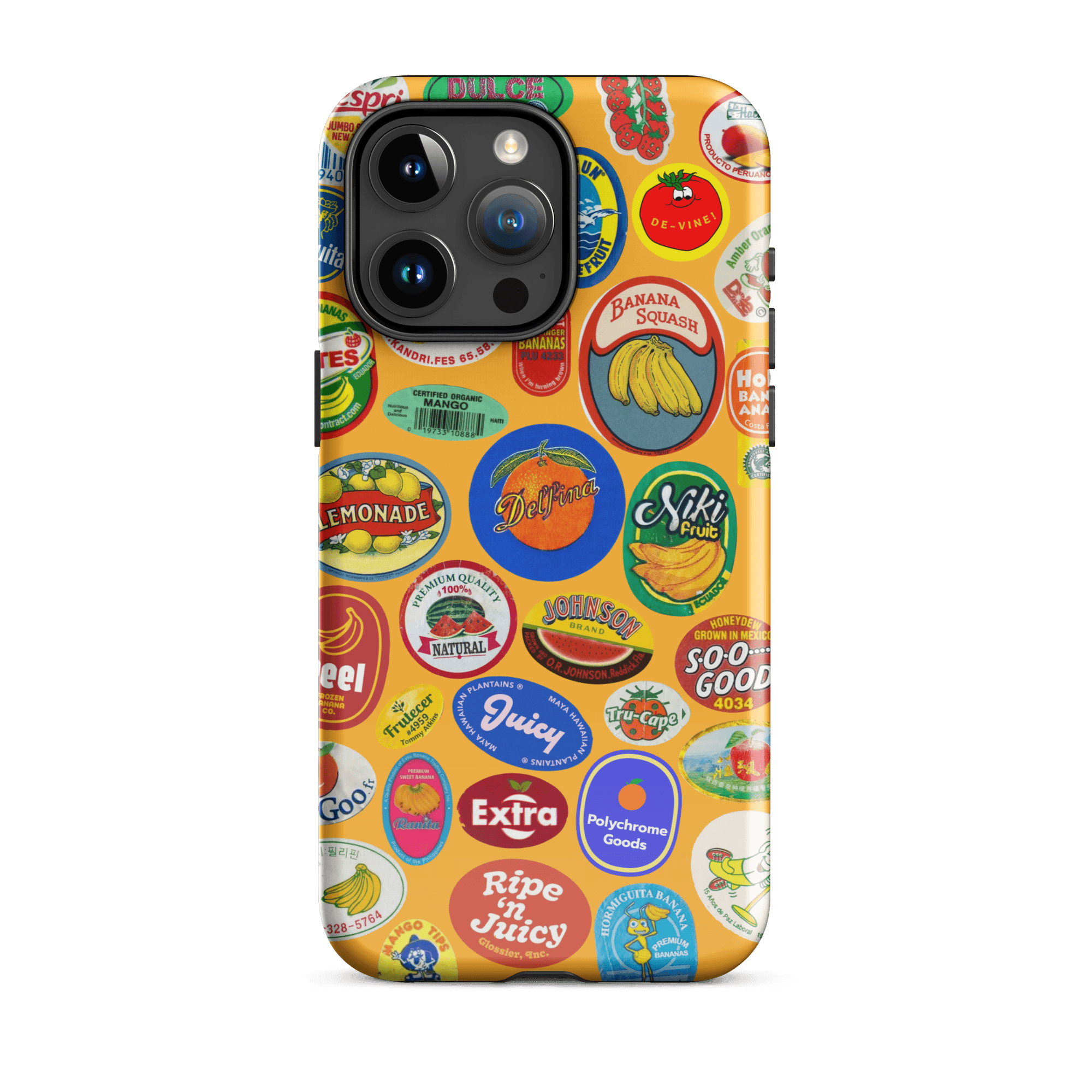 Fruit Stickers 🍊🍒🍋🍍🍏 Phone Case for iPhone (Orange Background) - Polychrome Goods 🍊