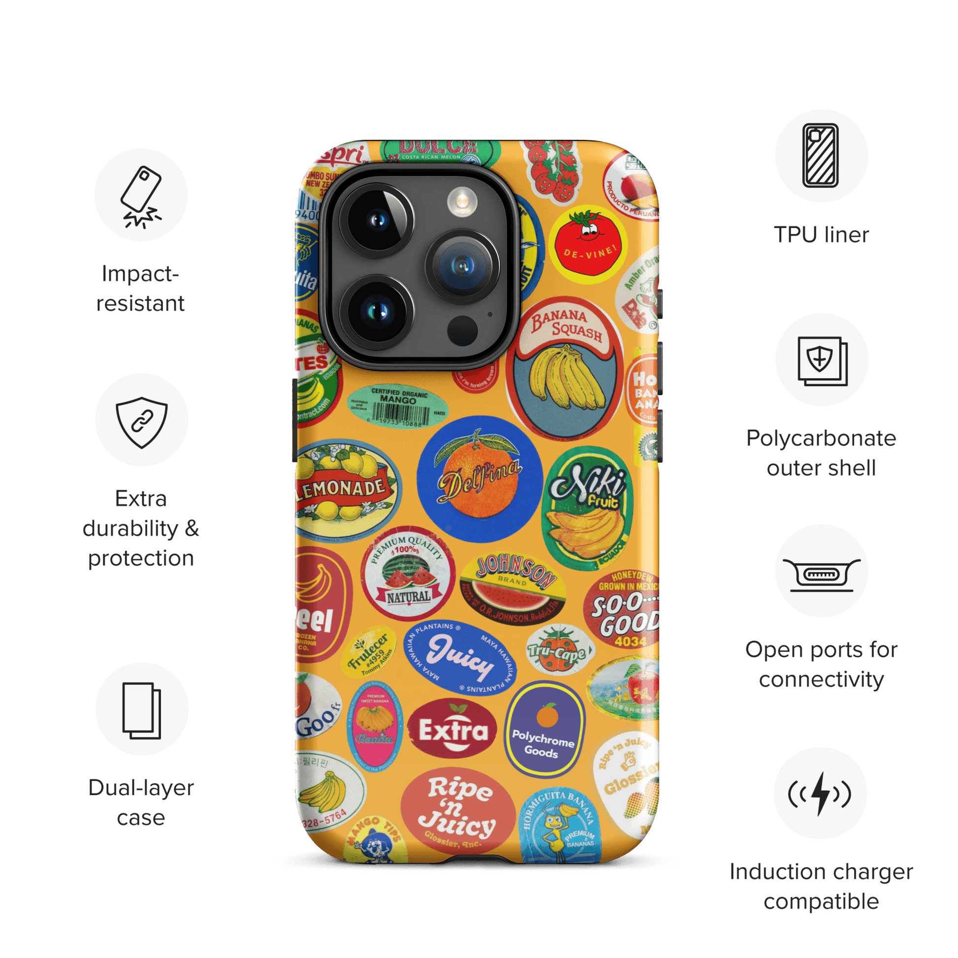 Fruit Stickers 🍊🍒🍋🍍🍏 Phone Case for iPhone (Orange Background) - Polychrome Goods 🍊