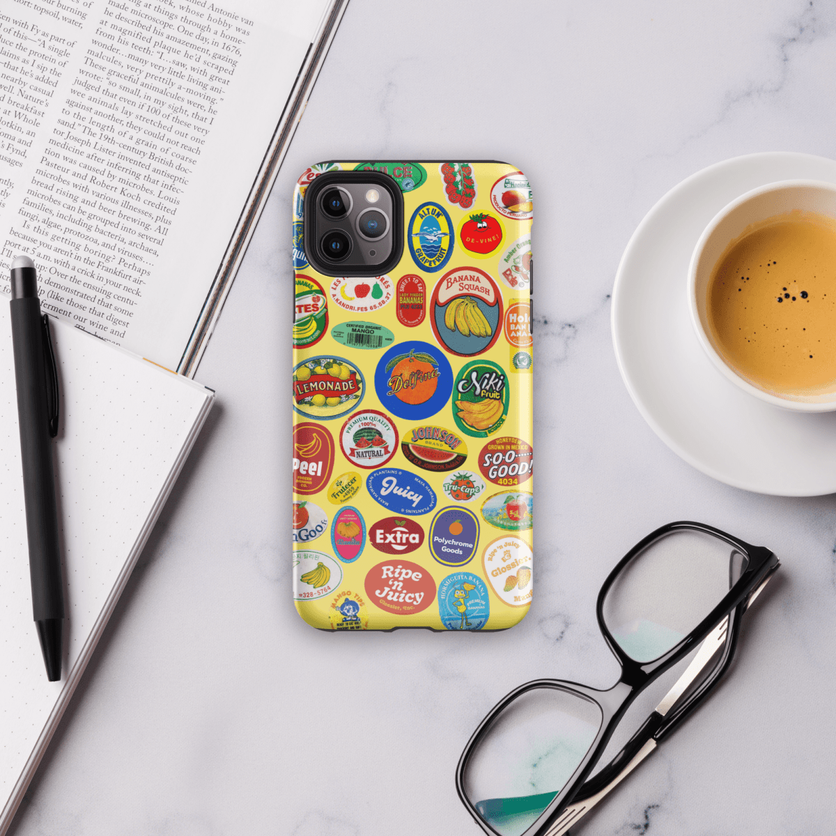 Fruit Stickers 🍊🍒🍋🍍🍏 Phone Case for iPhone (Yellow Background) - Polychrome Goods 🍊