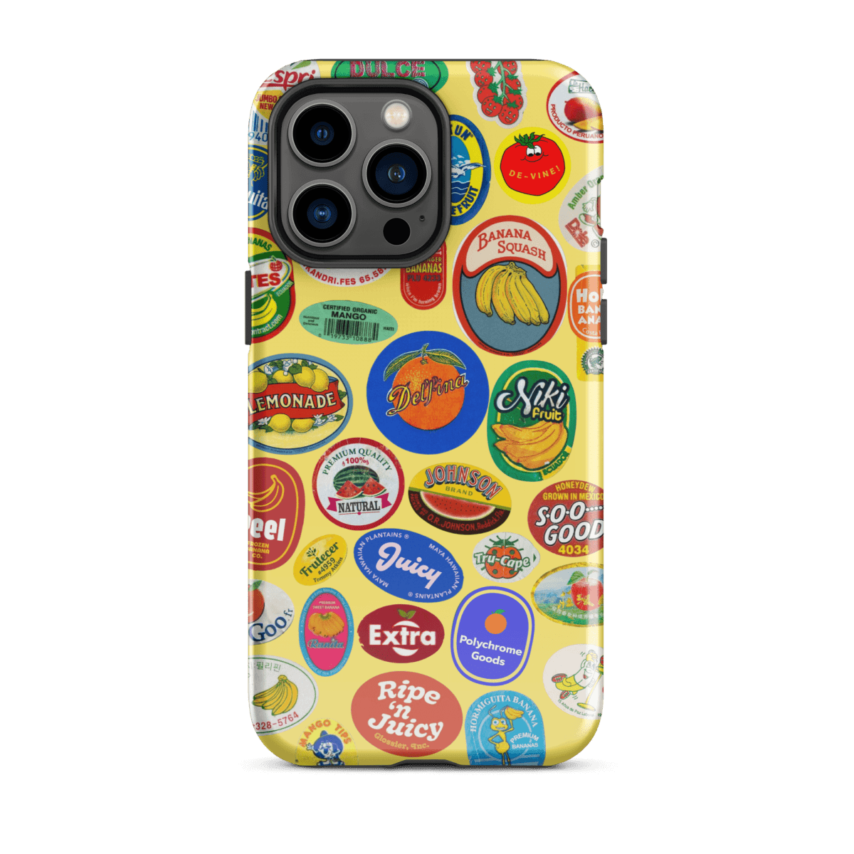 Fruit Stickers 🍊🍒🍋🍍🍏 Phone Case for iPhone (Yellow Background) - Polychrome Goods 🍊