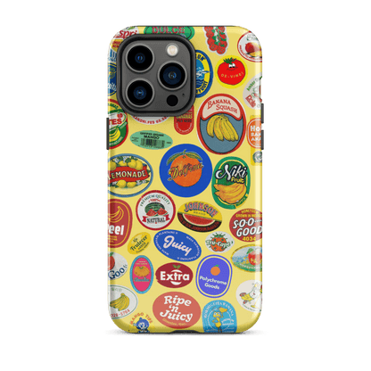 Fruit Stickers 🍊🍒🍋🍍🍏 Phone Case for iPhone (Yellow Background) - Polychrome Goods 🍊