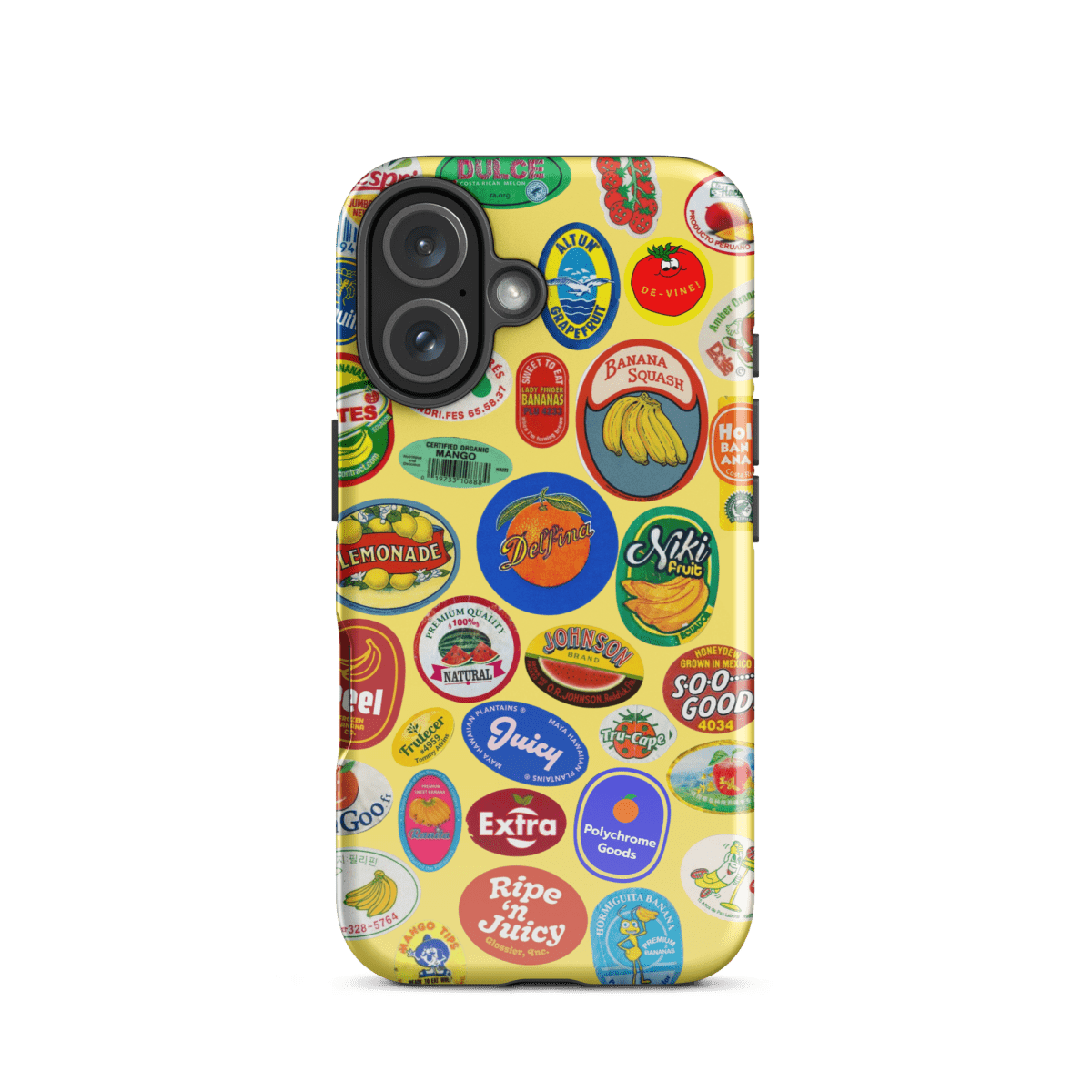 Fruit Stickers 🍊🍒🍋🍍🍏 Phone Case for iPhone (Yellow Background) - Polychrome Goods 🍊