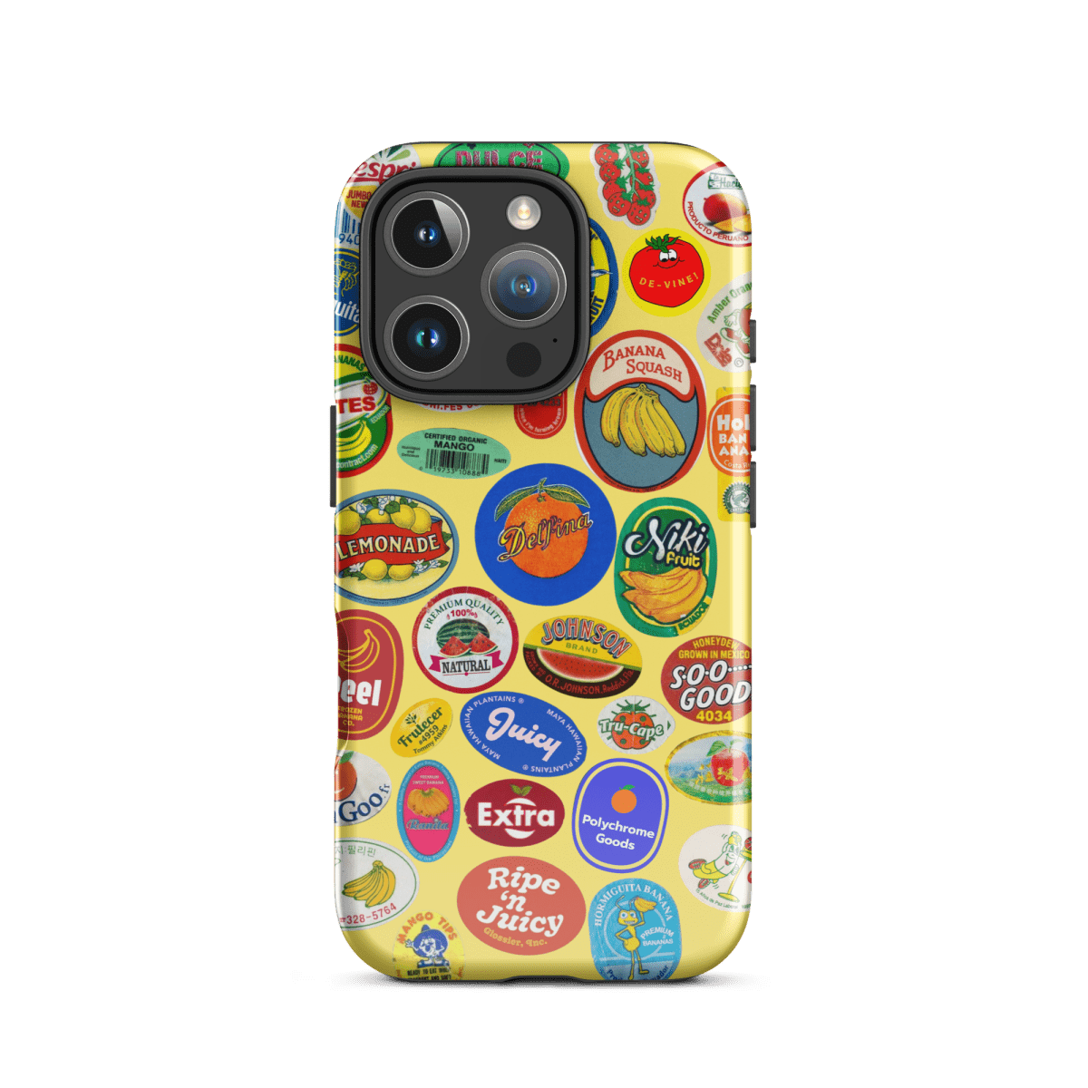 Fruit Stickers 🍊🍒🍋🍍🍏 Phone Case for iPhone (Yellow Background) - Polychrome Goods 🍊