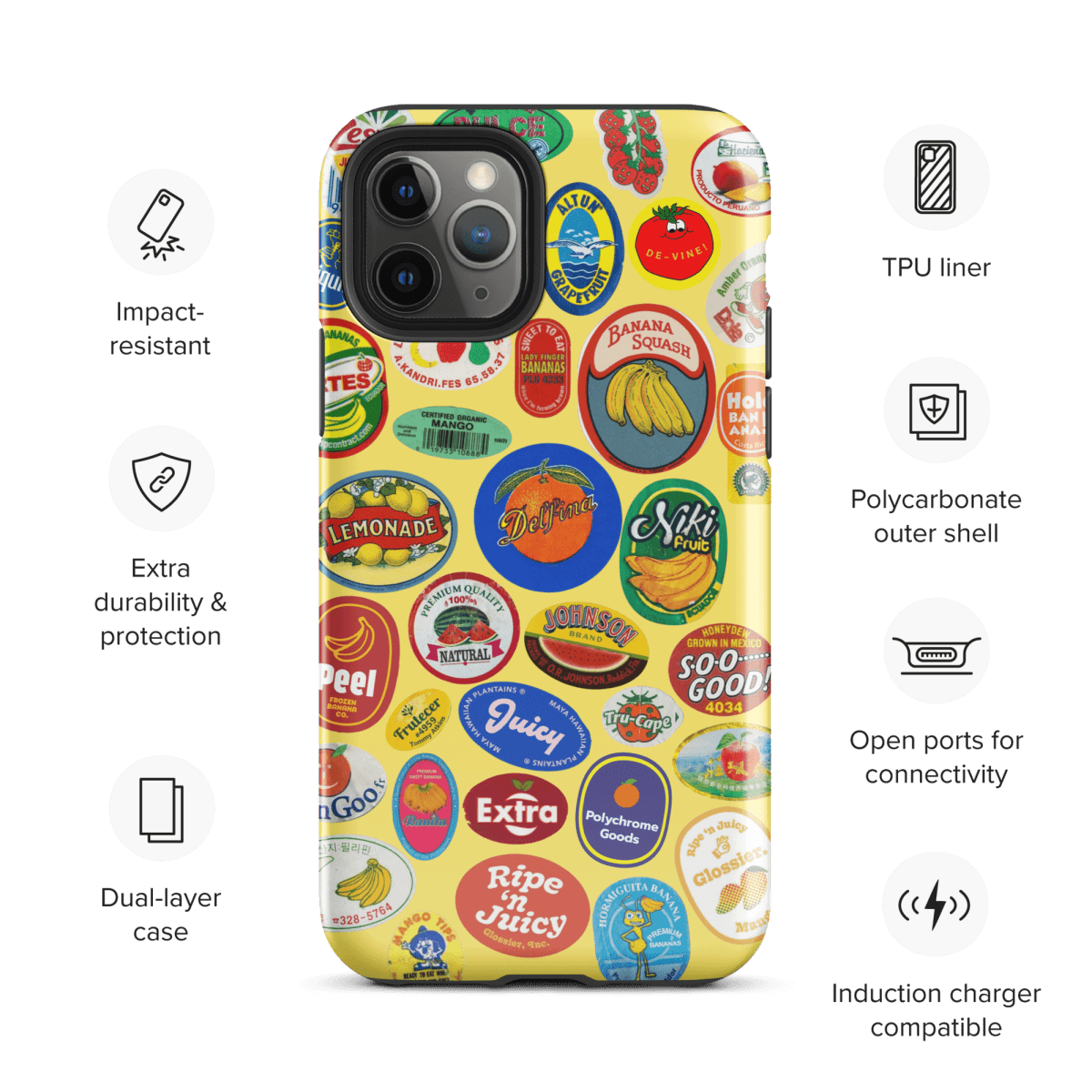 Fruit Stickers 🍊🍒🍋🍍🍏 Phone Case for iPhone (Yellow Background) - Polychrome Goods 🍊