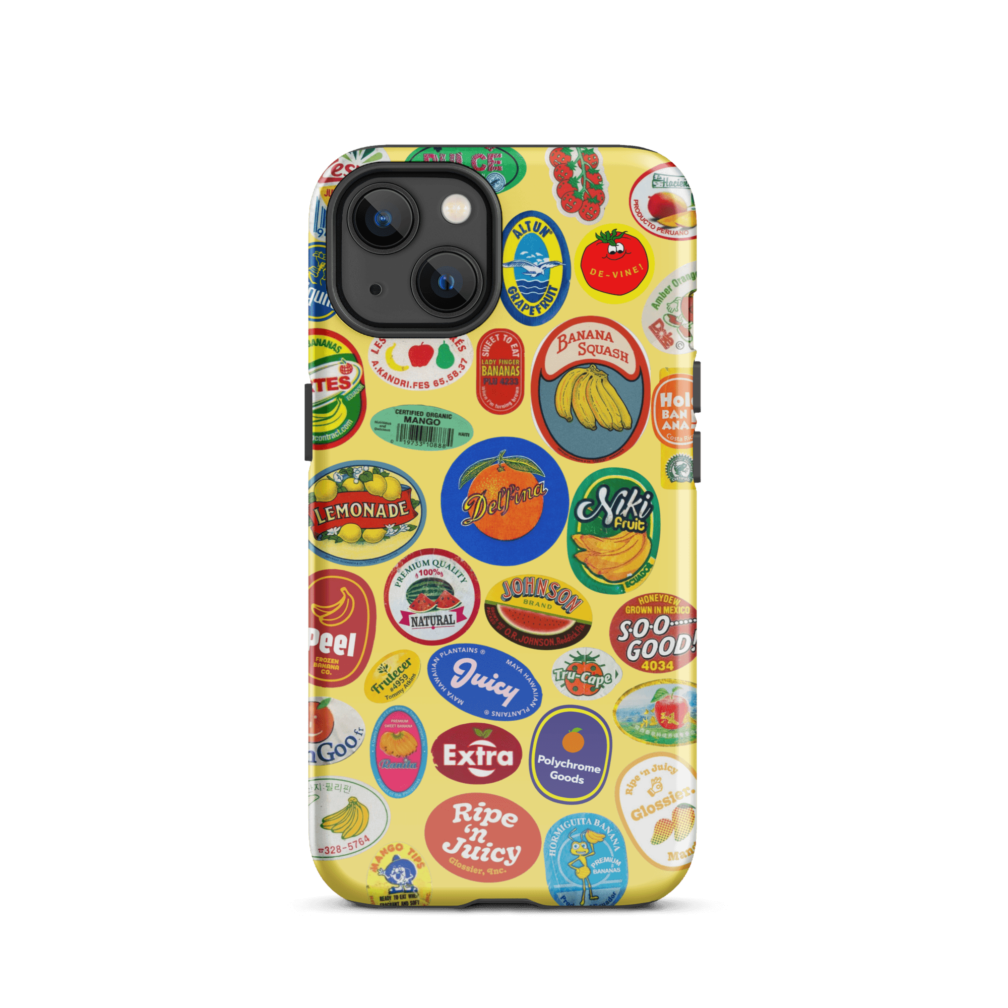 Fruit Stickers 🍊🍒🍋🍍🍏 Phone Case for iPhone (Yellow Background) - Polychrome Goods 🍊