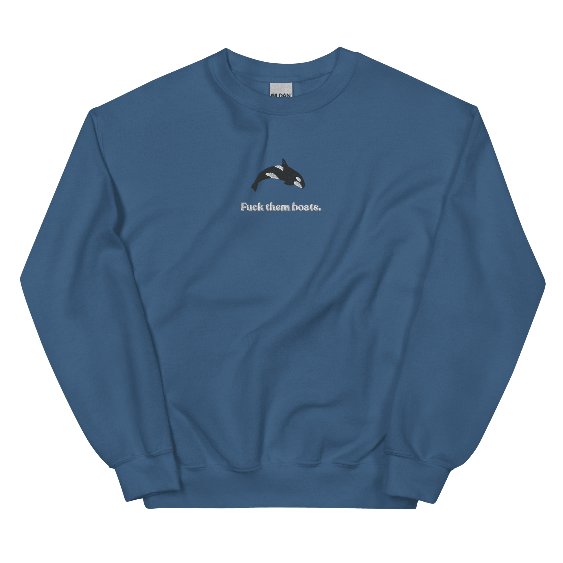 Fuck them boats. Orca Whale Embroidered Sweatshirt (Unisex) Polychrome Goods 🍊