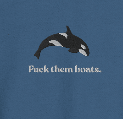 Fuck them boats. Orca Whale Embroidered Sweatshirt (Unisex) Polychrome Goods 🍊