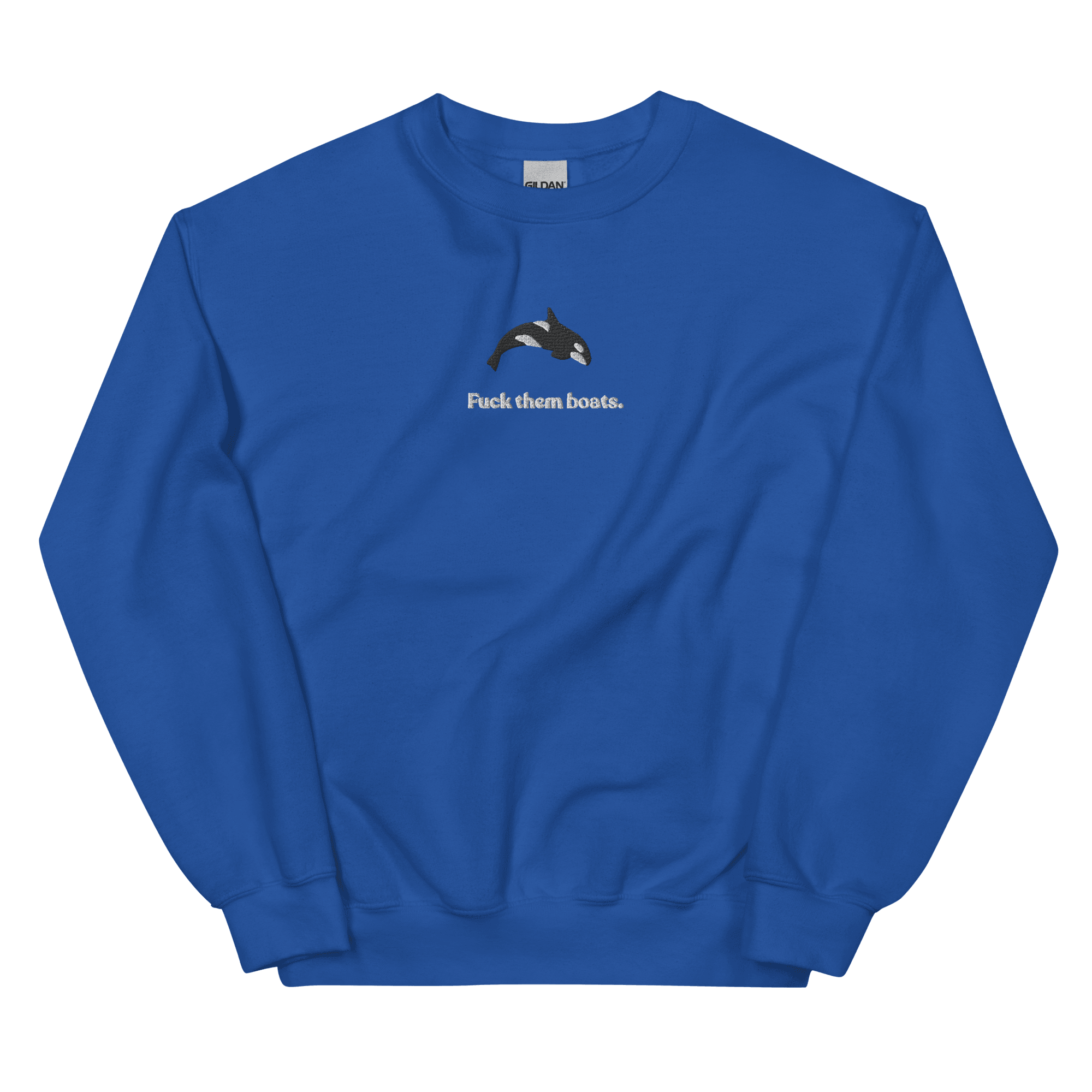 Fuck them boats. Orca Whale Embroidered Sweatshirt (Unisex) Polychrome Goods 🍊