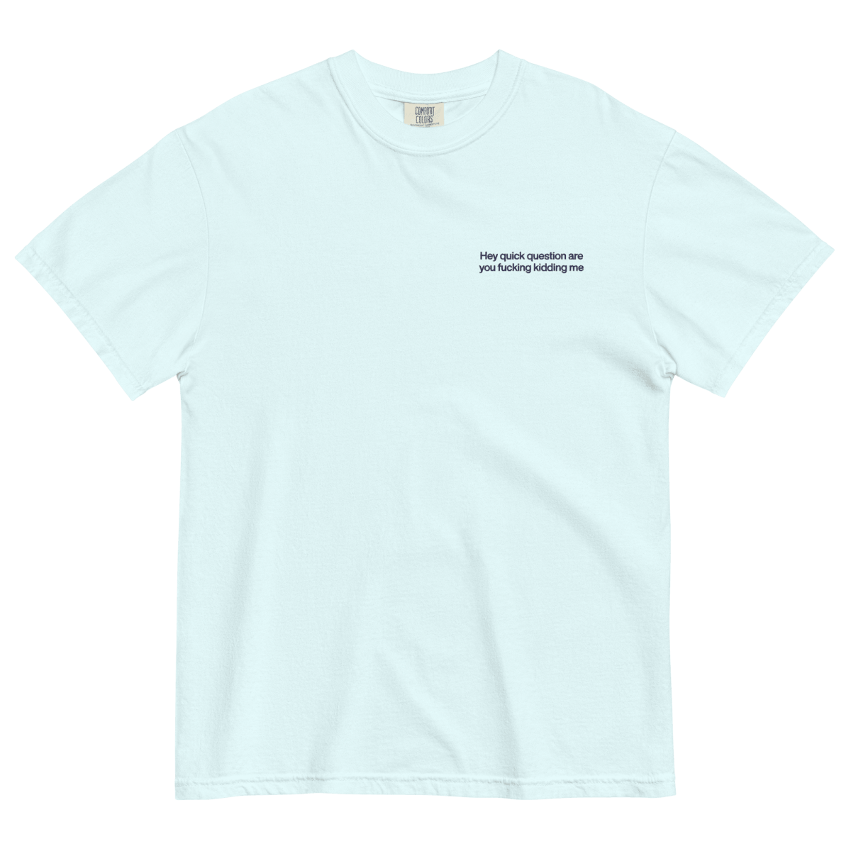 Hey quick question are you fucking kidding me Embroidered T-Shirt - Polychrome Goods 🍊