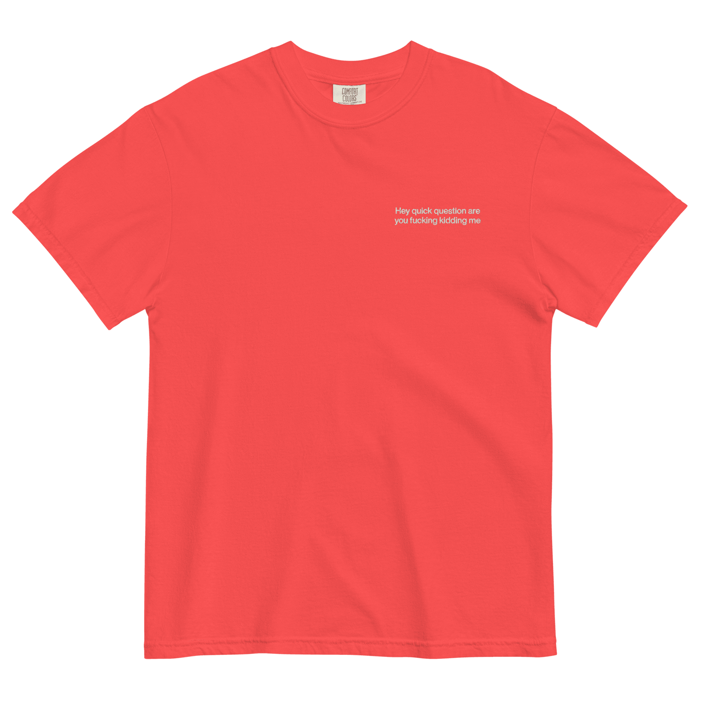 Hey quick question are you fucking kidding me Embroidered T-Shirt - Polychrome Goods 🍊