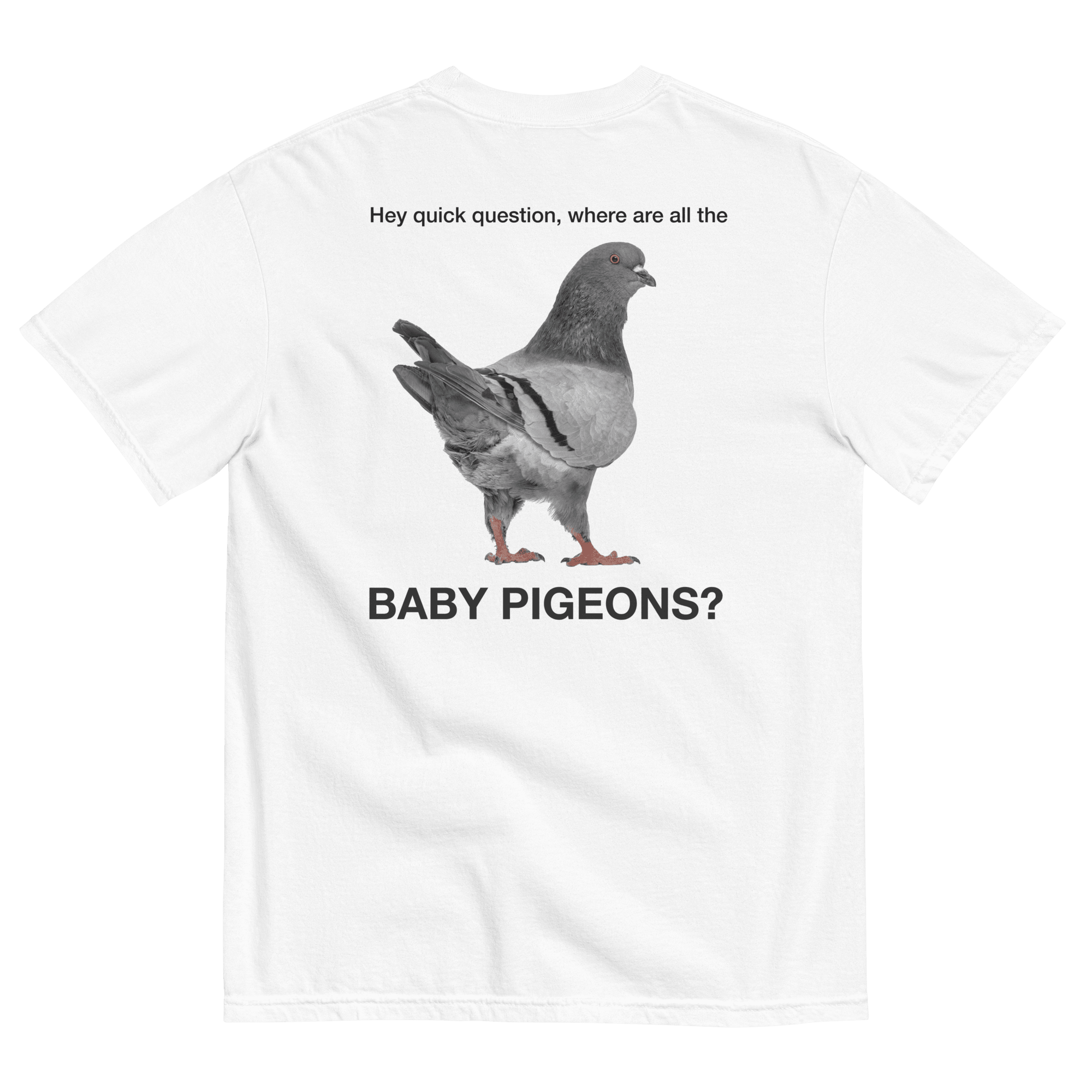 Hey quick question where are all the baby pigeons? 🐦 T-Shirt - Polychrome Goods 🍊